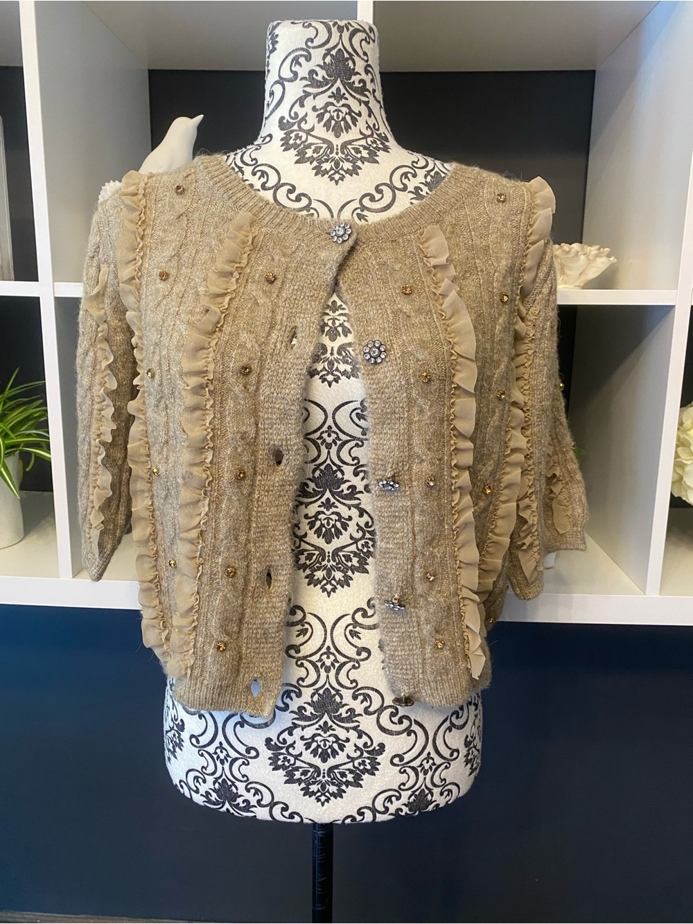 NWT Anthropologie Maeve Beige Embellished Ruffle Sweater Cardigan XS